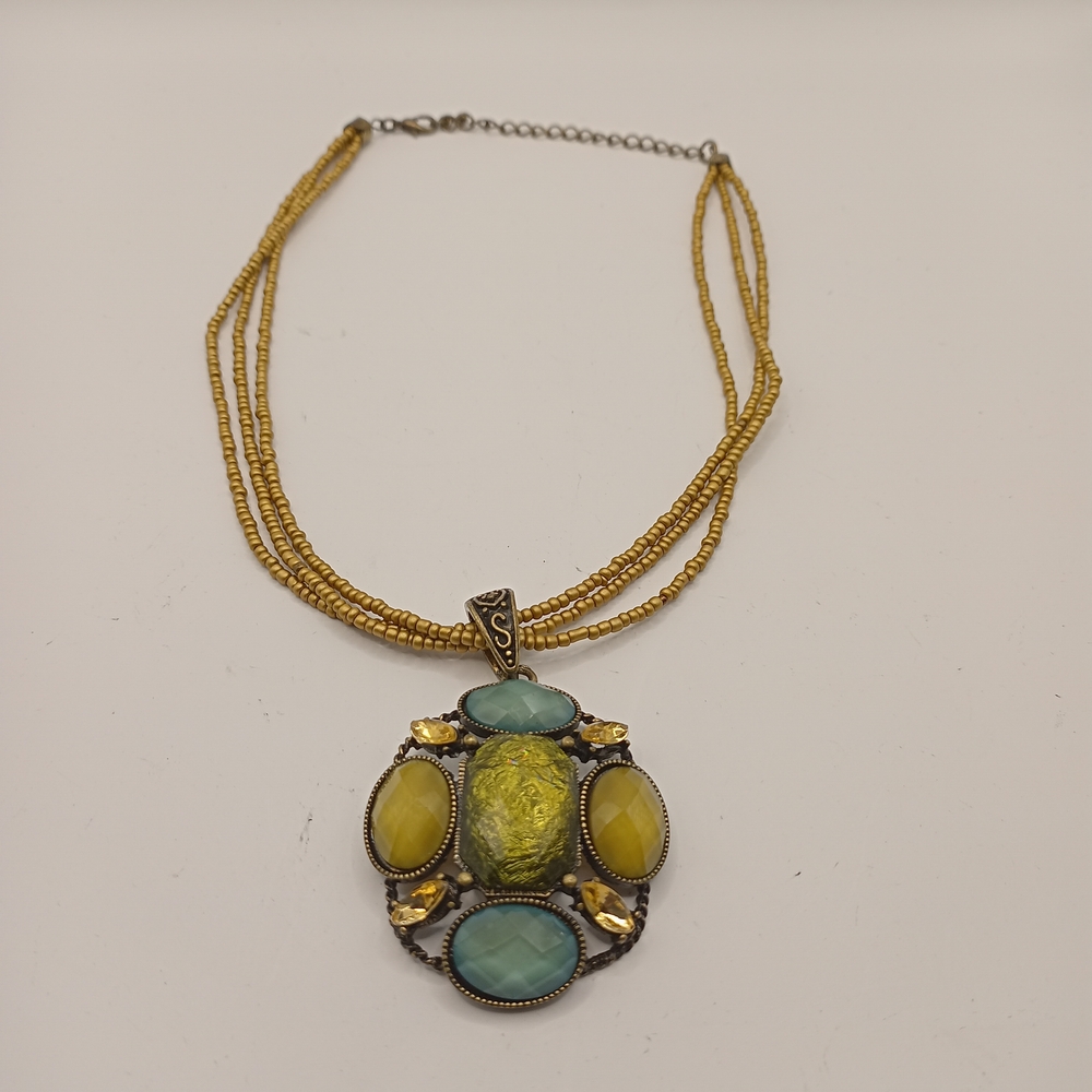 Source Unknown Gold Necklace with Yellow and Teal Pendant